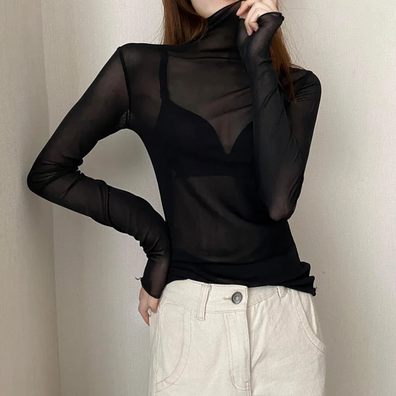 Underlay shirt for women, new layered long sleeved transparent mesh top