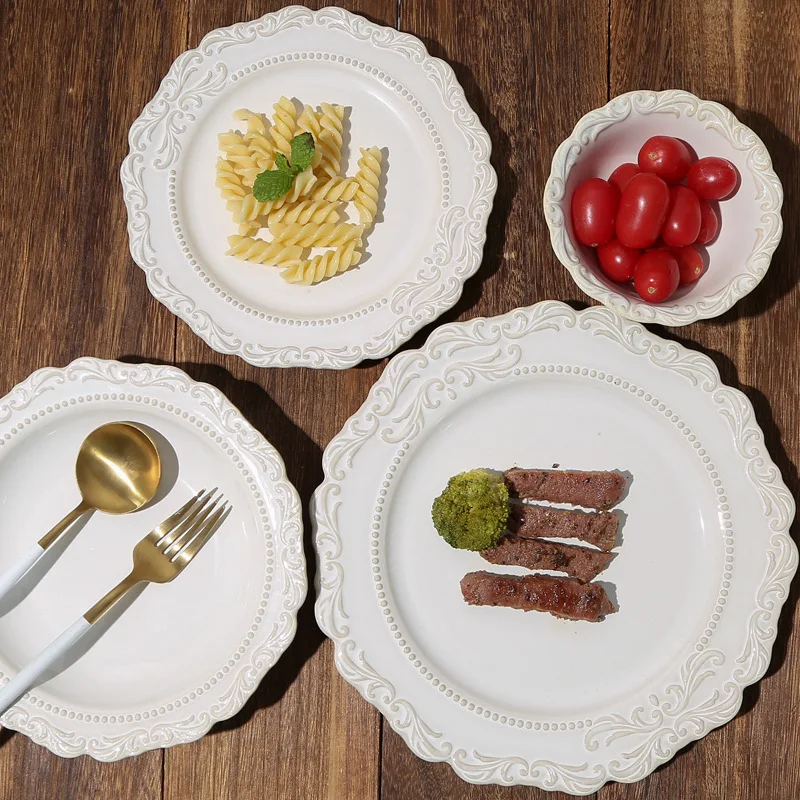 Bulk Vintage Ceramic Dinner Plate Fancy White Dessert Plate Dish With Emboss For Hotel Restaurant