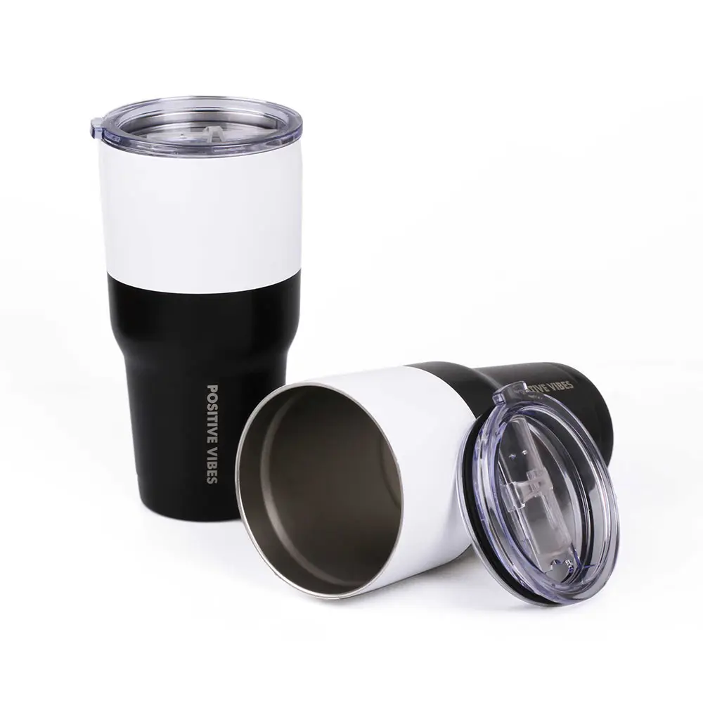 Custom Logo 30 oz Two Tone Double Wall Vacuum Insulated 18/8 Travel Print Cups in Bulk With Lid  Stainless Steel Tumbler