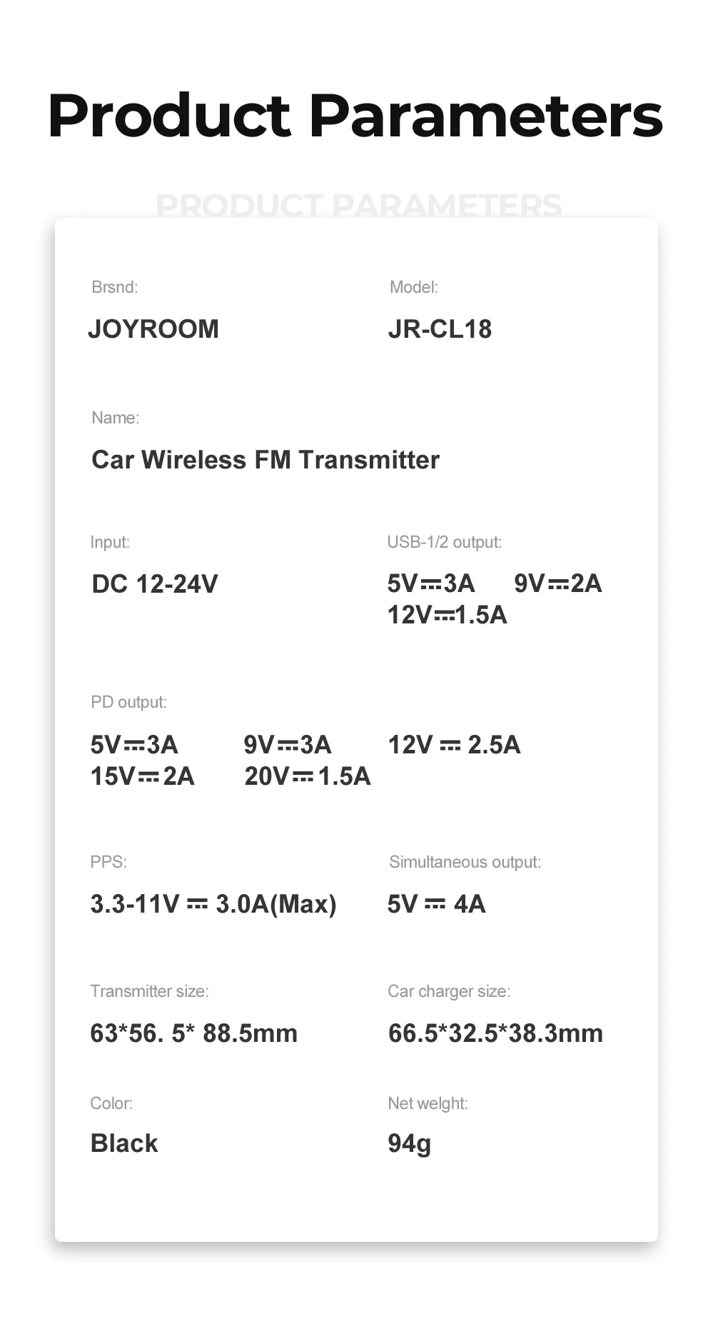 JOYROOM 30w Fast Charging 1.5m TPU Coiled Cable Car Phone Quick Charge 3.0 Usb Car Wireless Fm Transmitter