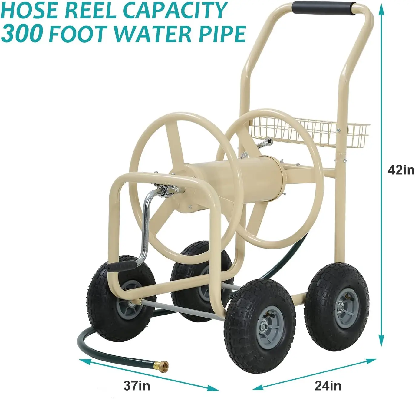 Heavy Duty Hose Reel Cart Garden for Outdoor Patio Lawn W 4 Wheels Metal Care Watering Equipment Holds 300-Feet Hose, Green