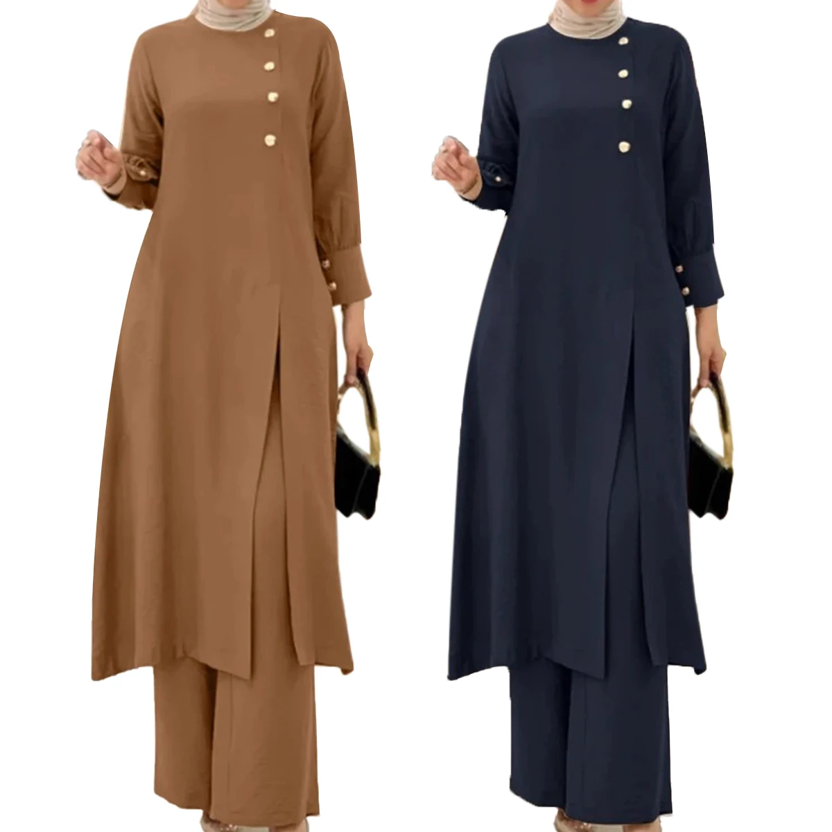 Ramadan Long Sleeve Ladies Plus Size Muslim Tunic And Pants 2pcs Set Arabic Middle East Solid Islamic Clothing Women Suit