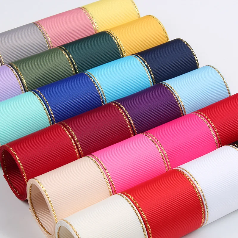 Wholesale 9mm 16mm 25mm 38mm Metallic Gold Edge Grosgrain Ribbon