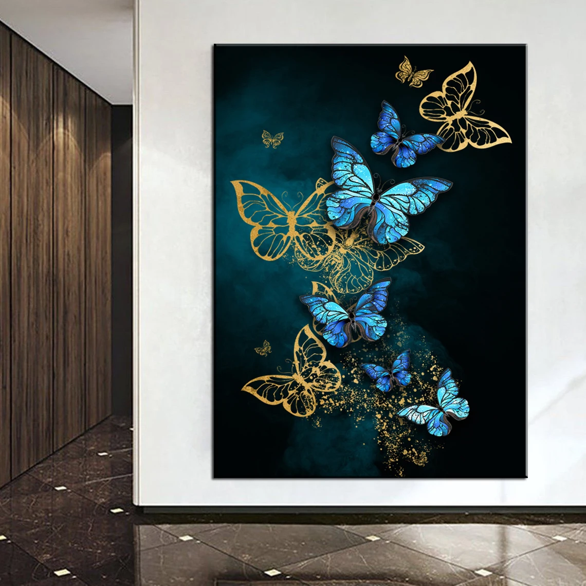 Абстрактная Золотая темно-синяя бабочка роскошное настенное искусство натюрморт Картина на холсте для домашнего декора Декор