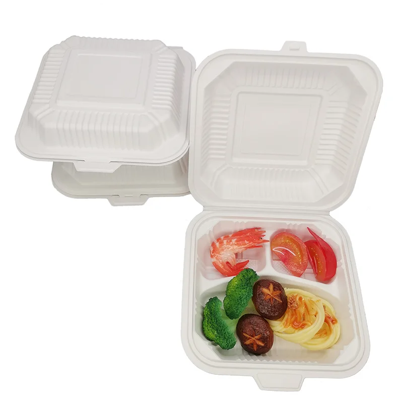 Custom 8 inch 3 Compartment  Takeaway Hinged Clamshell Food Container Cornstarch  Bio-Based  Biodegradable Clamshell Packaging