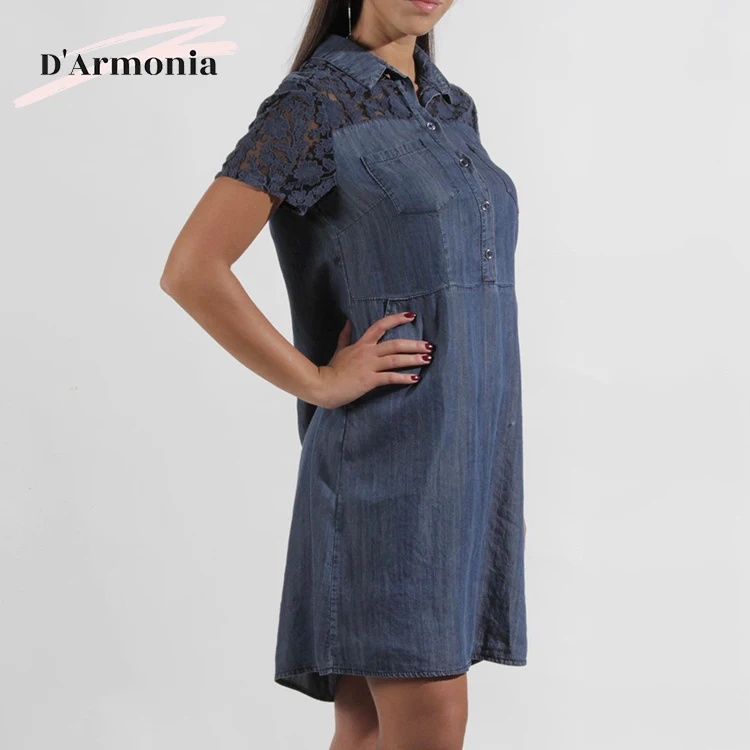 Wholesale Short Sleeve Lapel Casual Dress 100% Tencel Dark Blue Womens Dresses