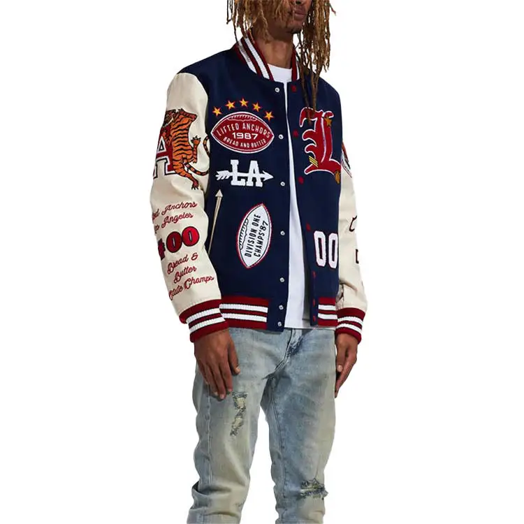 Куртка Giacca бейсбольная мужская с кожаными рукавами и вышивкой из хлопка, Черная