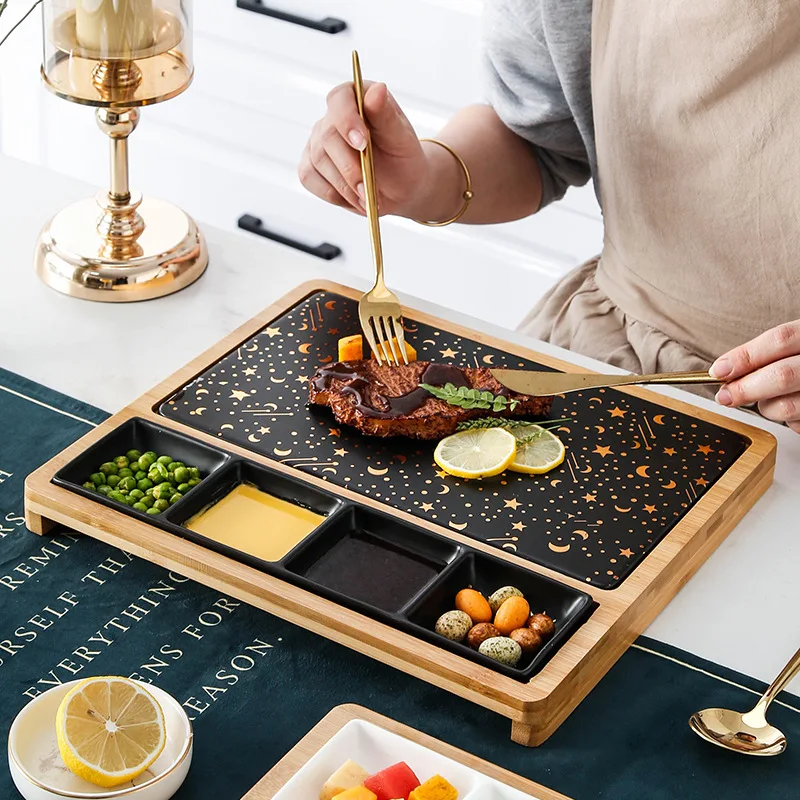 Factory direct sale new design luxury western restaurant square wood porcelain ceramic dinner plate set wedding party steak plat