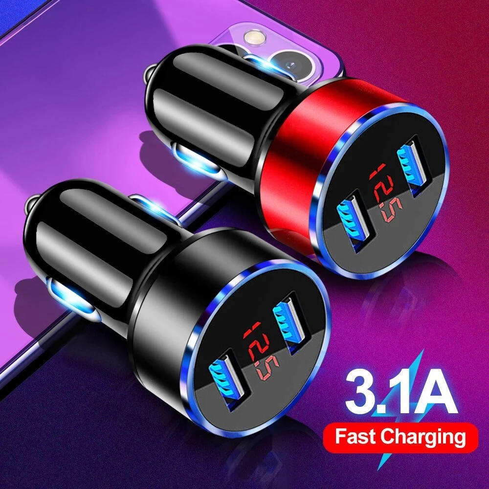 3.1A Car Charger Portable Car Cigarette Lighter Adapter Universal LED Display Dual USB Car Charger Adapter For iPhone 11 12 13