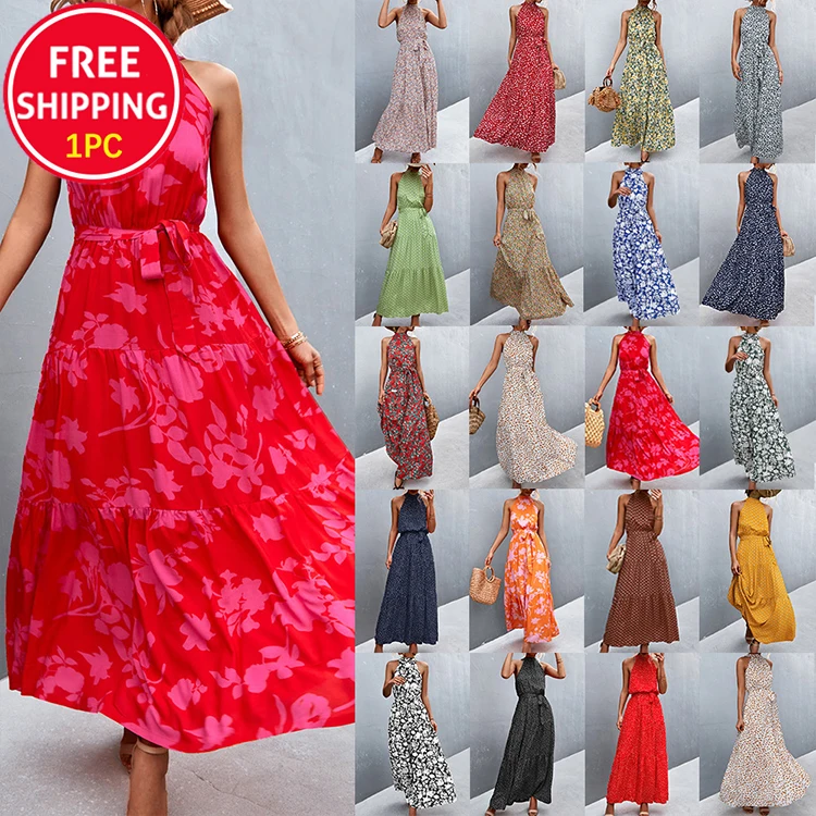 Hot Selling Fashion 19 Colors Polka Dot Print Halter Neck Tie Ladies Loose Bohemian Maxi Dresses 2022