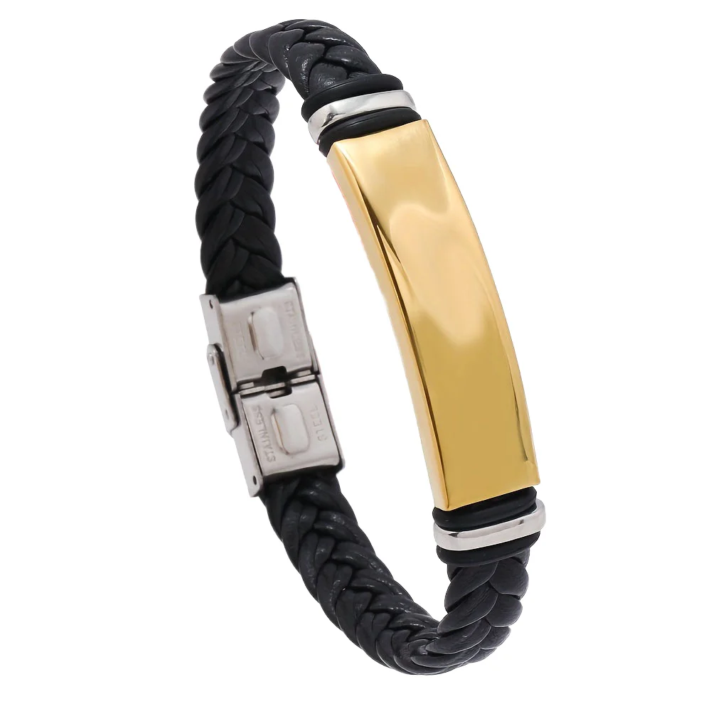 Fashion Classic Titanium Steel Bracelet with Woven Leather and Lettering Charm Style Bracelets For Men
