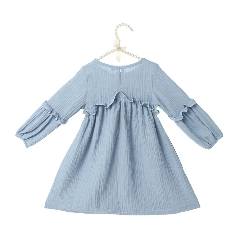 2024 Wholesale long sleeve solid linen children frocks designs girls kids dresses