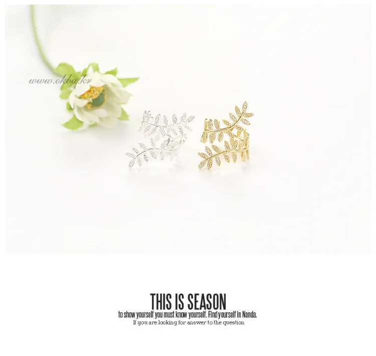 925 Sterling Silver Ring leaf inlaid diamond opening Korean sterling silver jewelry adjustable in two colors