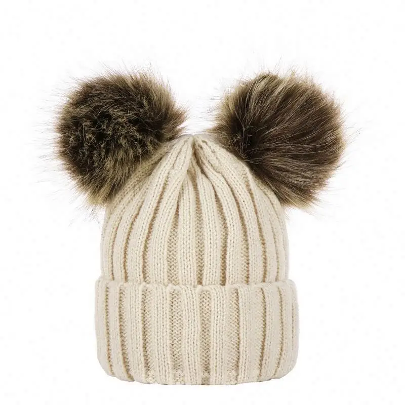 Новая модная Милая Детская зимняя теплая шапка с двойным шаром вязаные шапки для мамы и меня помпоном оптом M0220