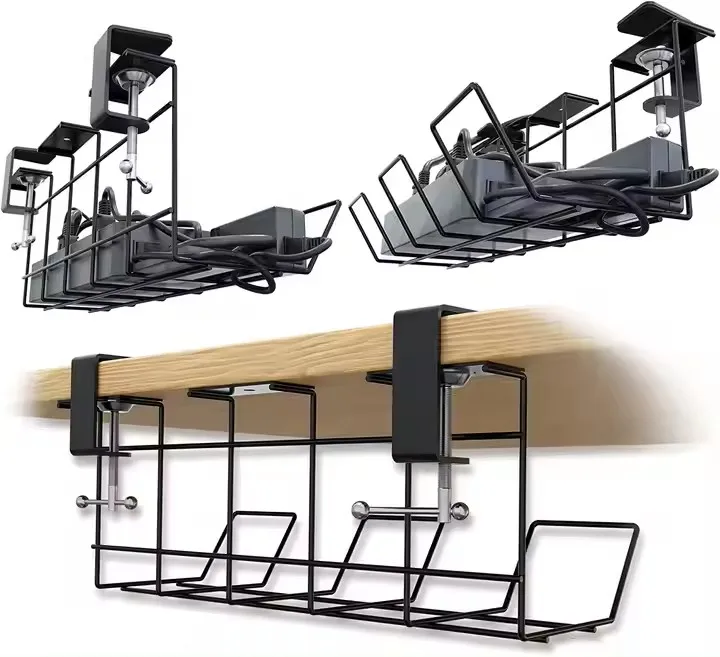 No Drill Cable Tray Basket for Wire Management, Sturdy Metal Cable Management Under Desk with Clamp for Home Office