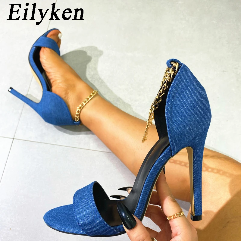 Eilyken Sexy Ankle Cross Strap Denim Sandals Women Summer Fashion Party Open Toe Club Stripper Heeled Sandals Shoes