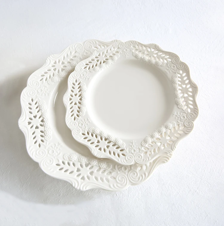 Embossed white hollow out ceramic dinner plate elegant wedding use 8inch /10inchcharge plate