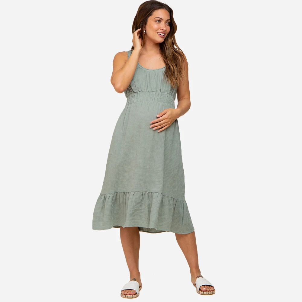 Scoop Neckline  Lettuce Edge Trim Smocked Elastic Waist Pregnant Women Clothes Maternity