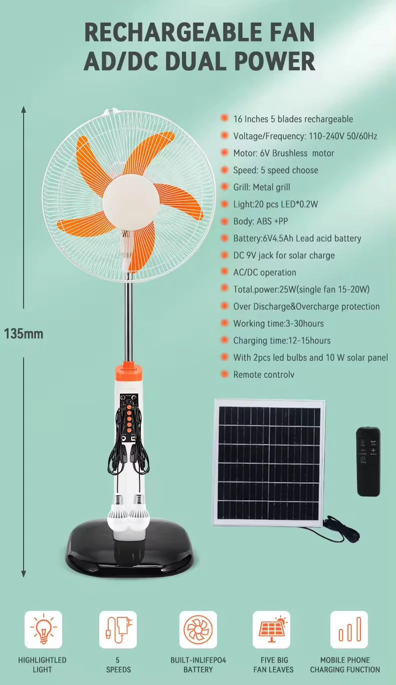 16-inch 5-blade 6V 4.5ah lead-acid battery AC DC rechargeable vertical fan with 2pcs LED bulb and 10w solar panel
