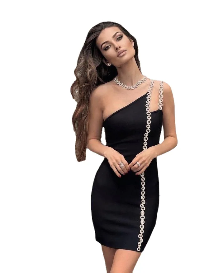 
D8780#Hot Sale,Sexy, diamond-encrusted, double-chain, strappy cocktail dress for women 