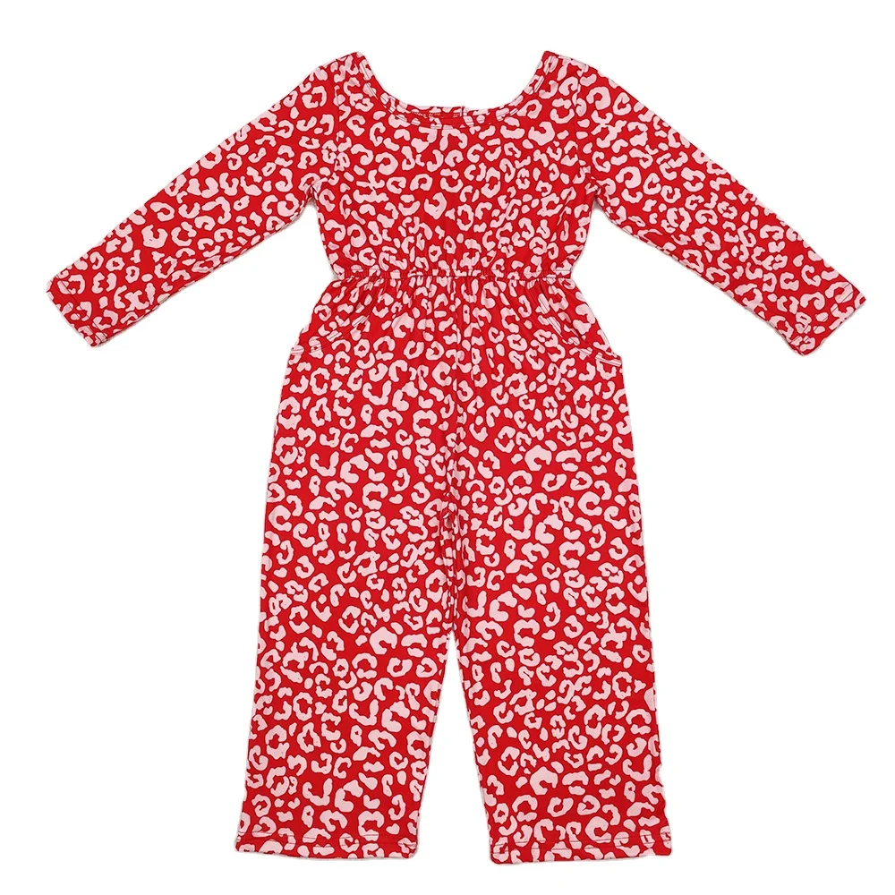 RTS Baby Girls Toddler Red Leopard Long Sleeve Boutique Bell Bottom Infant Children Kids Buttons Jumpsuits Rompers