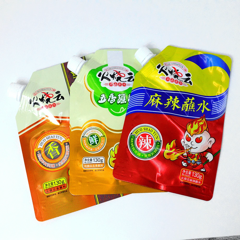 Wholesale 130g Food Bag with Spout Foil Reusable Bag with Logo Aluminum PE Condiment Sauce Nozzle Food Grade Stand Up Pouch