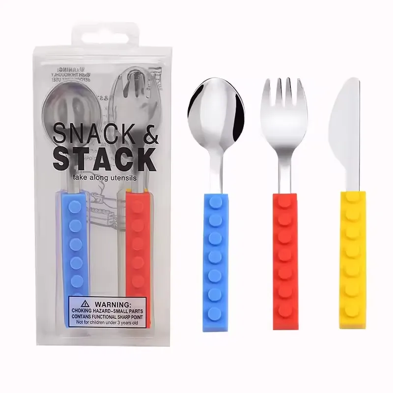 Children Day Gift Building Block Cutlery Set Kids Toddler Spoon And Fork Set With Silicone Handle