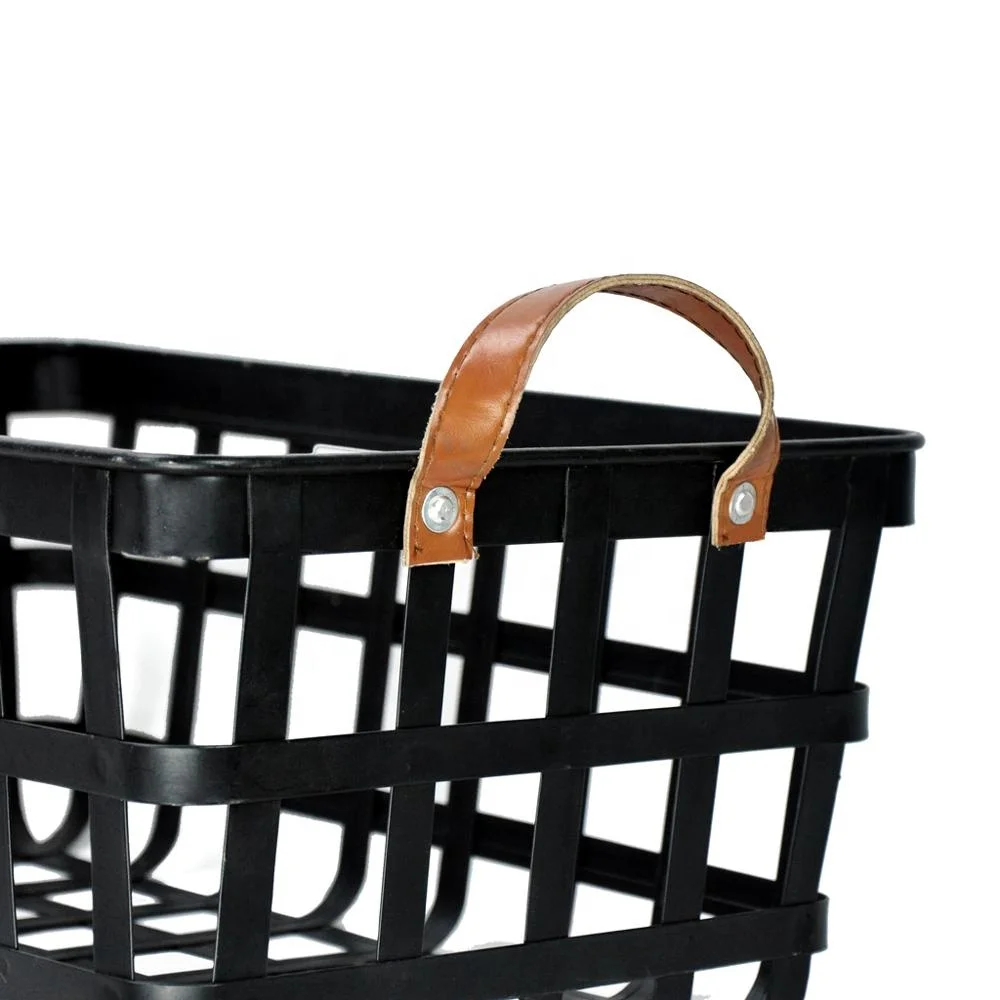 IVYDECO Set of 3 Antique Metal Storage Baskets Vintage with Leather Handles Industrial Handcraft Black Neatening/storage Baskets