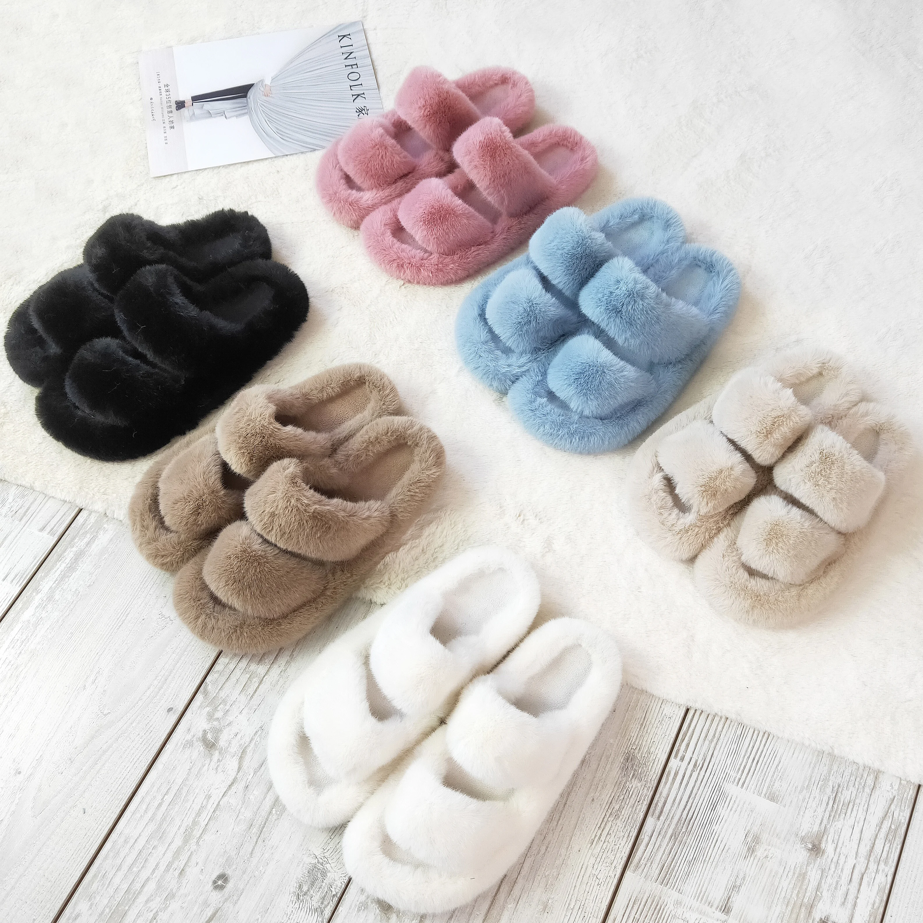 Luxury and comfort fluffy slippers flat plush faux fur open toe slides, indoor bedroom house women fur slides