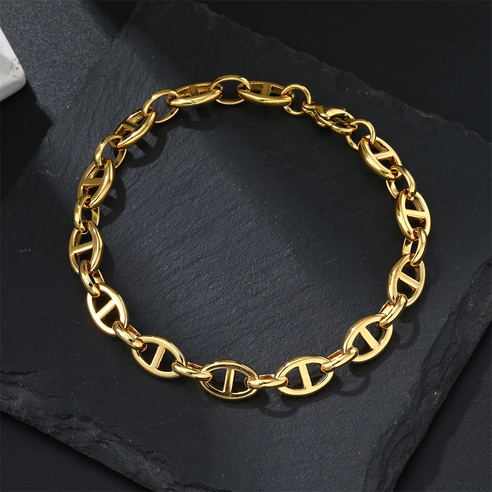 Non Tarnish 316L Stainless Steel Chunky Link Bracelet Hip Hop 18K Gold Plated Curb Coffee Bean Chain Cuban Bracelets For Men