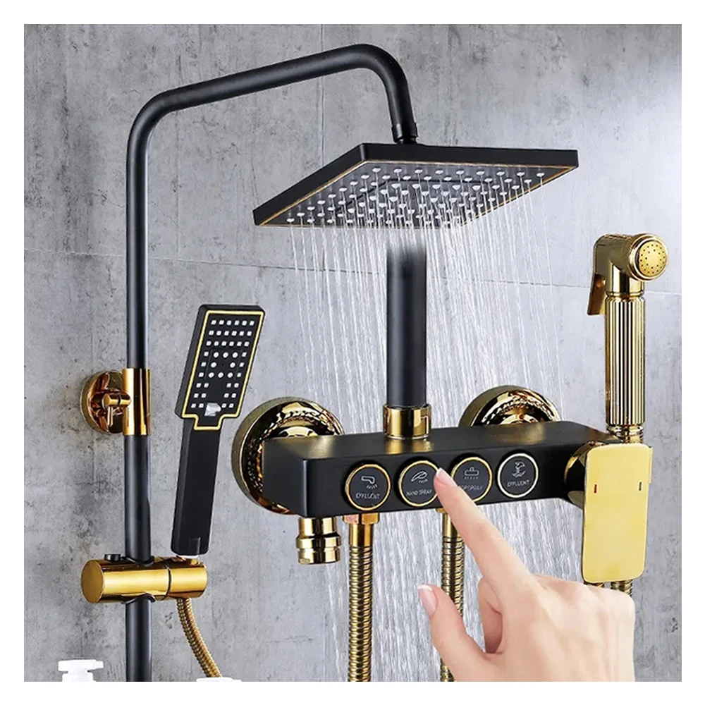 Bathtub Faucet Hot Cold Bathroom Tap Thermostatic Square Bathroom Black Gold Shower Set