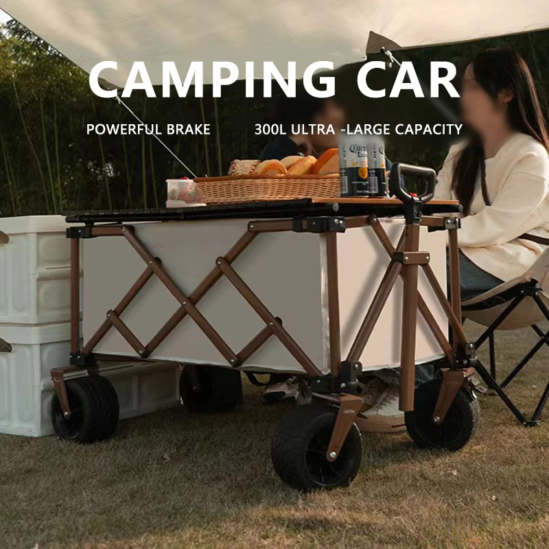 Outdoor off-road camping trailer with table board Large capacity camp car picnic trolley wagon fold cart