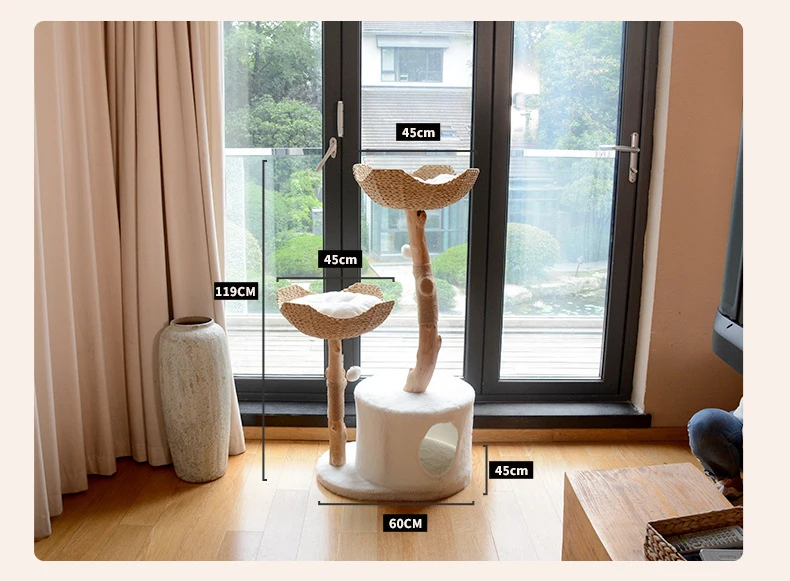 Modern Cat Tree Tower for Indoor Cats Real Branch Wood Kitty Tower Cat Scratching Post Jumping Platforms Natural Wood Pet Tree