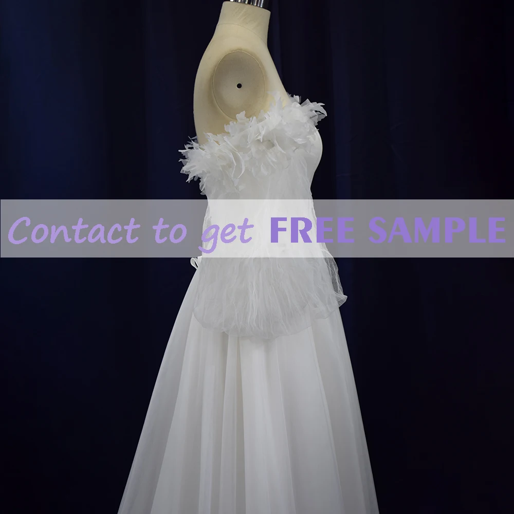 TEENYEE  Elegant  Off-shoulder Flare Feather Sleeves Chiffon A-line Wedding Bridal Gowns Dresses for Bride