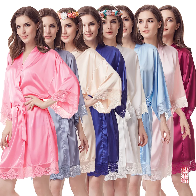 Lace trim solid colors high quality women sleepwear satin bridesmaid robe