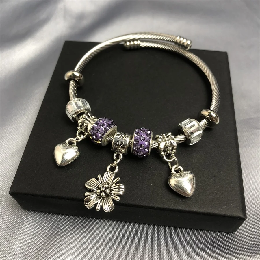 Latest new models stainless steel flower love pendant women girls crystal Charm bracelet bangle