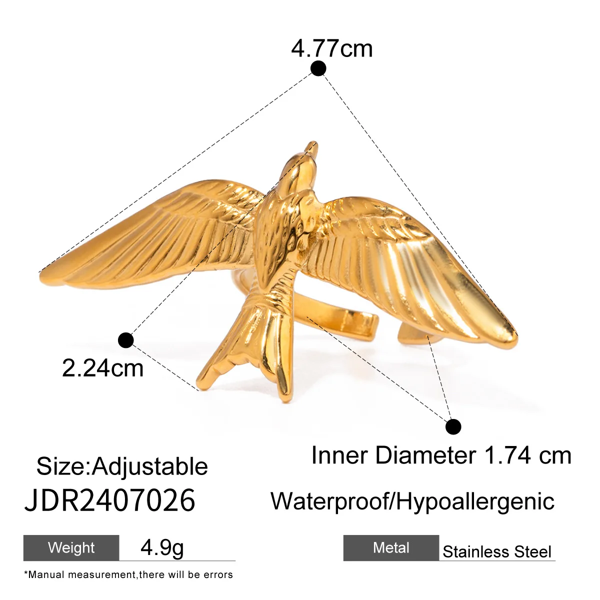 L019 Wholesale 18K PVD Gold Plated Stainless Steel Delicate Wild Goose Finger Ring Cute Bird Open Ring For Women Jewelry