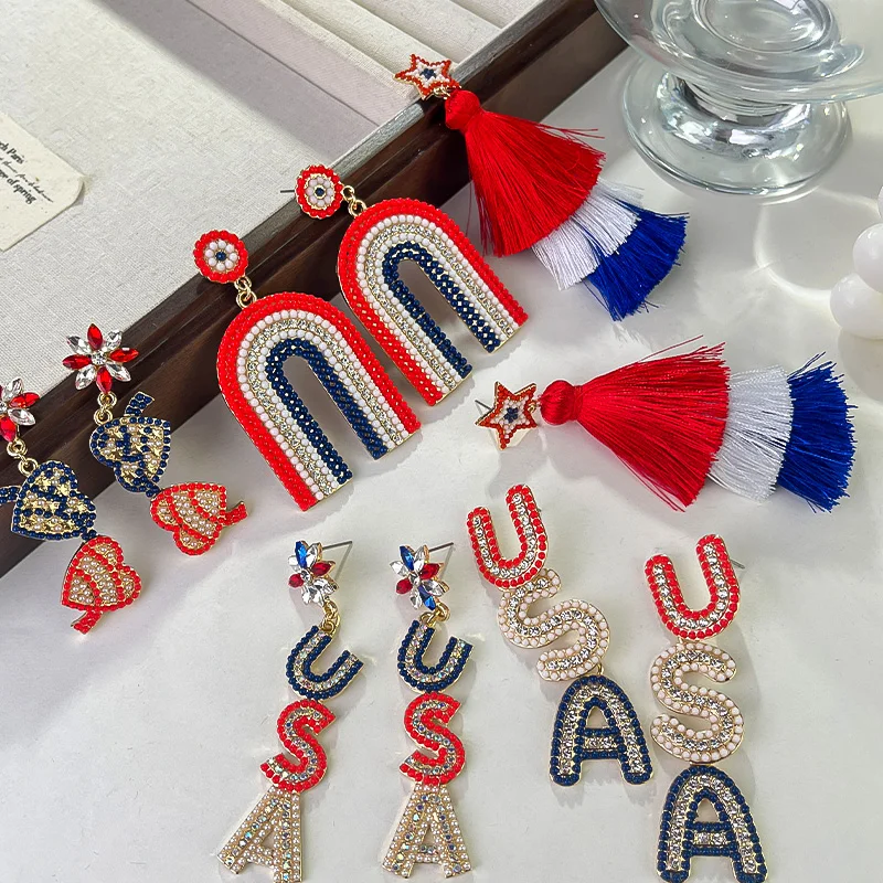 Hot Sale Personalized Beaded Tassel Earrings Independence American Flag Patriotic Pendant Earrings Letter USA Earrings Women