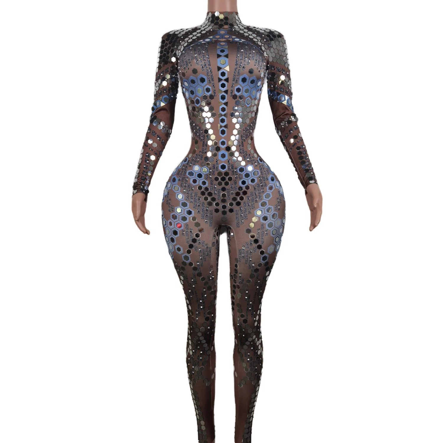 Sexy Long Sleeves Stretch Sequin Stage Performance Rompers Dancer Costume Slim Fit One Piece Bodysuit Women Rhinestone Jumpsuit