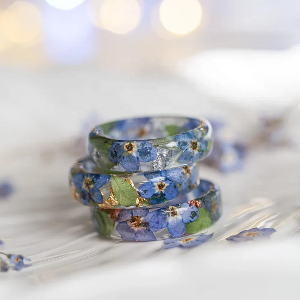 Most popular in 2023 unique nature simple and sparkling gold foil and silver foil blue floral resin ring