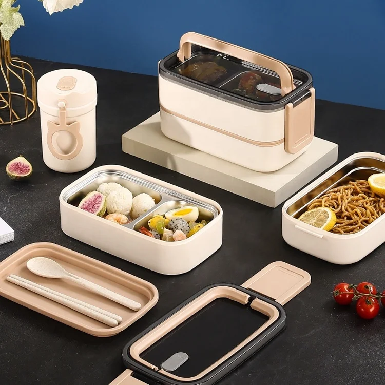 Factory Hot Selling Cream White Food Grade Stainless Steel 304 Portable Food Container 1400ml Double-layer Bento Lunch Box