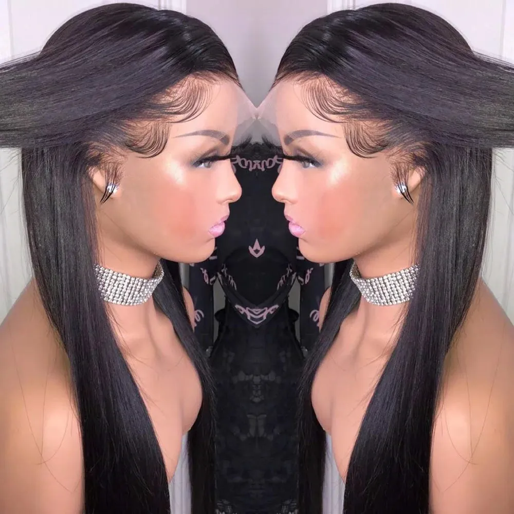 Natural Brazilian Smooth Straight 150% Density Human Hair Wigs Pre Plucked Hairline 13x6 Transparent HD Lace Frontal Wig