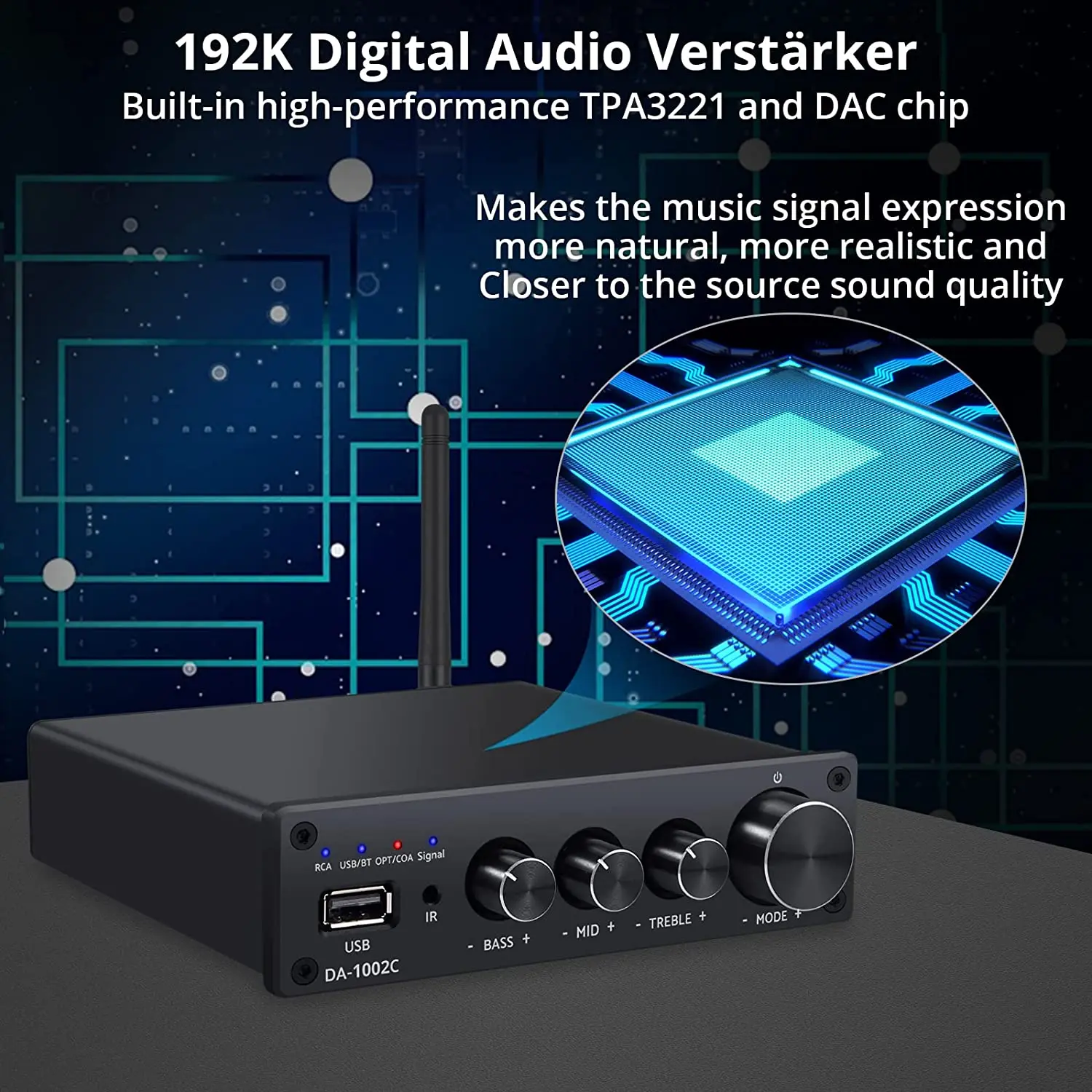 192 кГц/24 бит стерео аудио усилитель Hi-Fi цифровой мощности с BT приемником DAC для пассивных динамиков 100