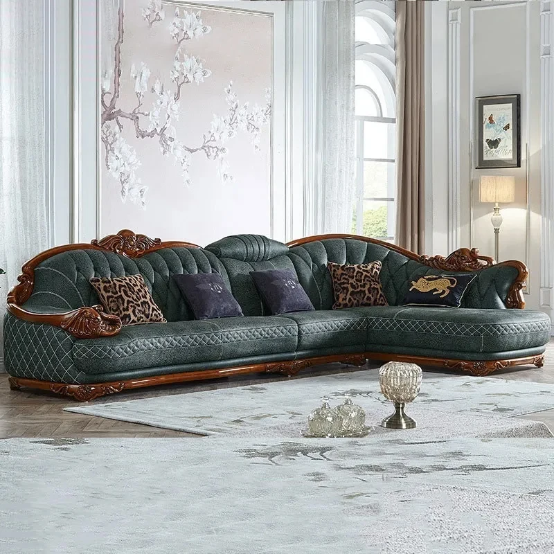 European-style leather sofa combination solid wood carving apartment living room corner luxury American sofa furniture complete