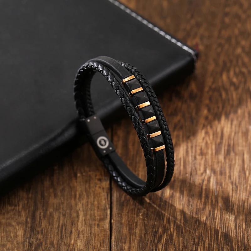 Premium Quality Leather Jewelry Black Stainless Steel Magnetic Clasp Braided Leather Bracelet For Men