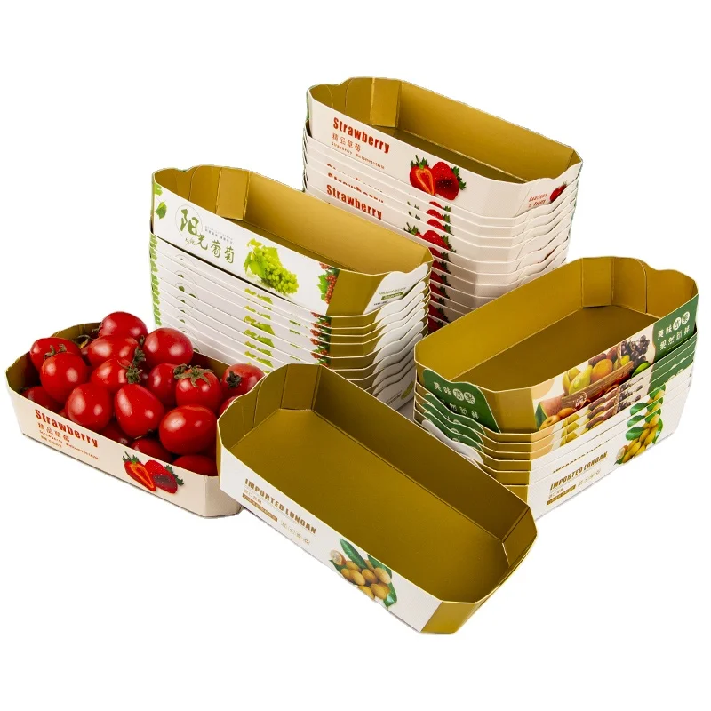 Disposable Cardboard Tray Fruit Packaging Cherry Tomato Box Fresh Fruit Take Away Paper Fruit Tray
