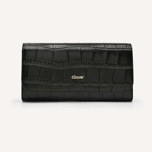Embossed crocodile cow leather flat girls clutch wallet small zip pocket long cash wallet