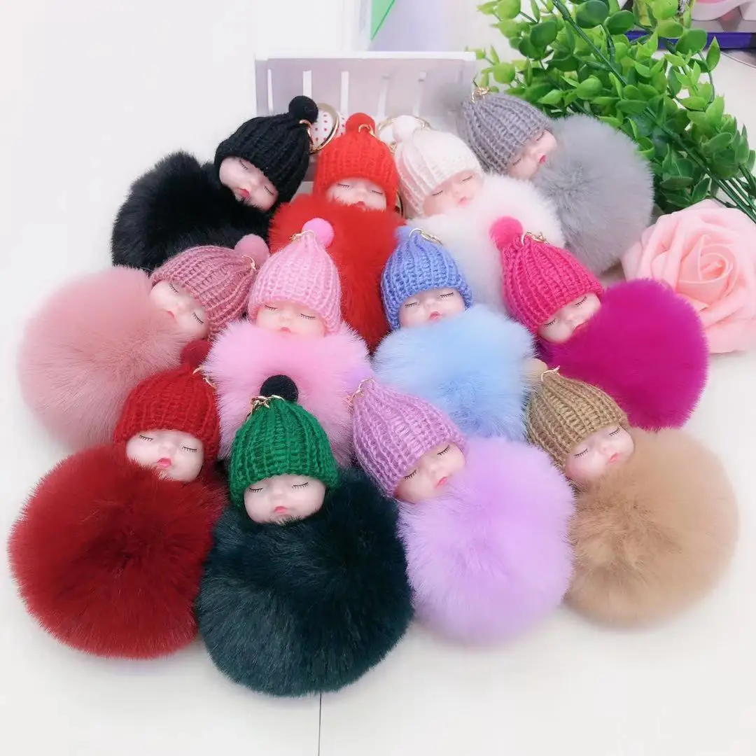 New Sleeping Cute Baby Fur Ball Key Chains Cute Plush Doll Key Chain Sleep Baby Keychain