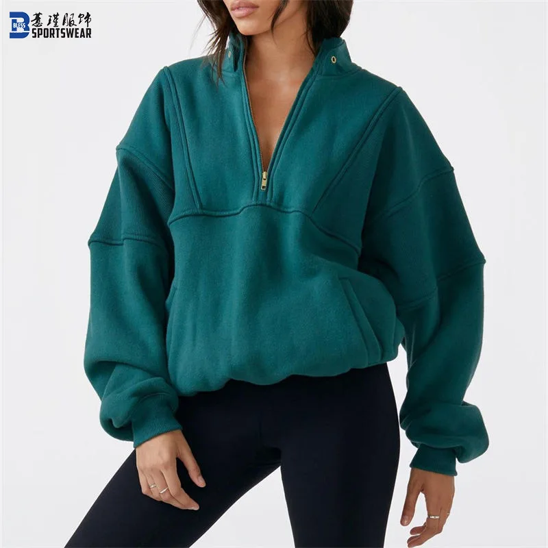 Custom Women Supplier Fall Heavyweight Pullover Warm Cotton Blank Cropped Oversized Crew Neck Jogging Zip Sweatshirt
