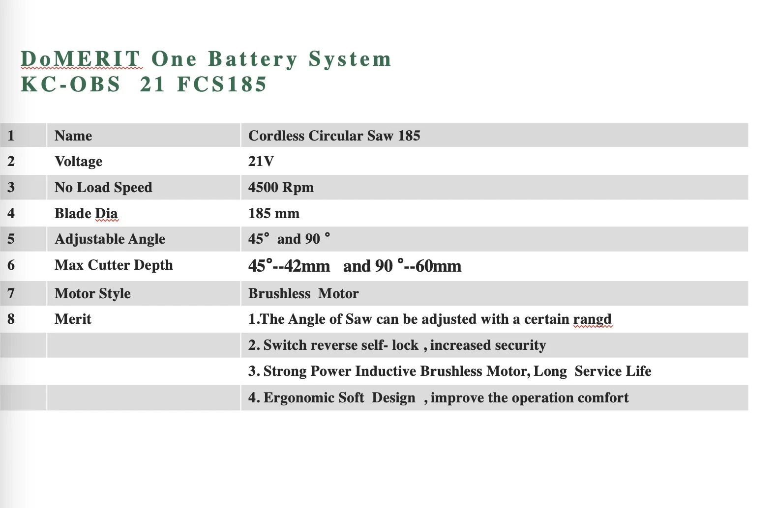 hot selling  DoMERIT  21V cordless circular saw DISC 185 mm with Li-ion  Battery  for wood cutter 4500Rpm
